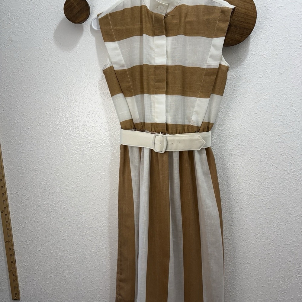 Vintage 50s 60s Hy-Tex Cream Cap Sleeve Linen Blend Dress w/ Belt Size Small